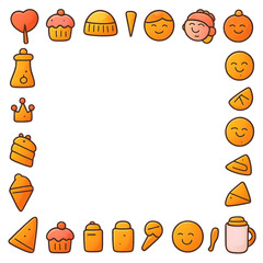 Bright Orange Emoji Border With Food, Hats, Faces and Cupcakes Frame for Celebration Theme