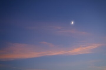 Crescent moon in a soft blue and pink sky with wispy clouds at dusk or dawn light atmosphere