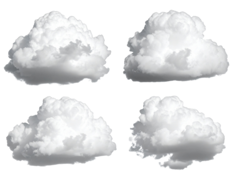 Diagonal Row of Four Puffy Cumulus Clouds, Wide Spacing, Isolated on Transparent Background