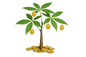 Money tree with lush green leaves producing gold coins, visualizing financial growth, investment, and increasing savings. Transparent background
