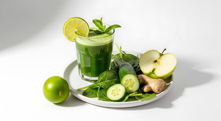Fototapeta premium Refreshing green juice with fresh ingredients and natural light