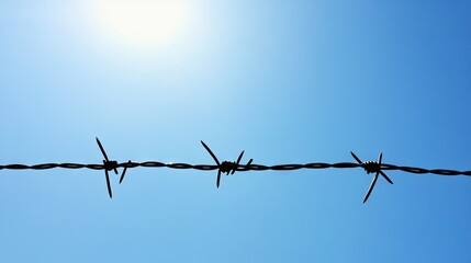 Barbed Wire Against Bright Blue Sky with Sunlight Creating a Striking Contrast and Evoking Feelings of Boundaries, Isolation, and Security