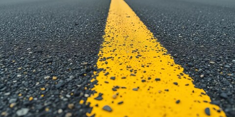 Close-up view of faded yellow road lines on asphalt, road paint, urban