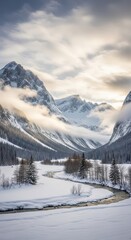 Majestic snow-covered mountain valley reveals a winding stream beneath cloudy skies