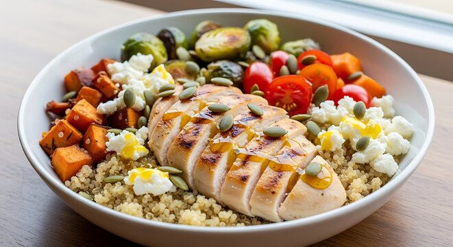 Healthy grilled chicken quinoa bowl with roasted vegetables and seeds