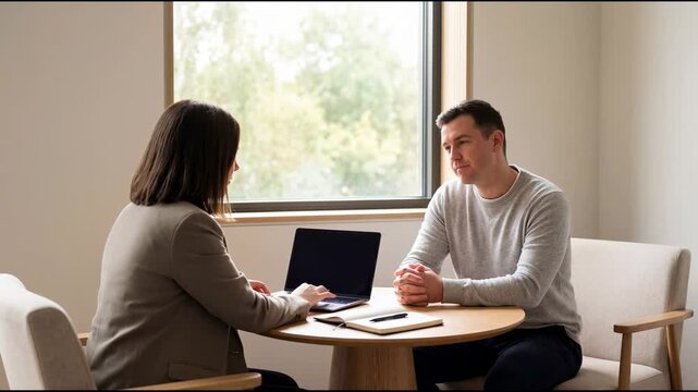 A woman in a business suit interviews a man in a sweater at a round table by a window, typing notes on a laptop while he listens attentively