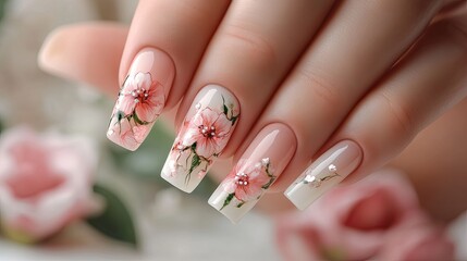 Elegant Floral Nail Art Design With Pink Flowers On Long Glossy Nails, Perfect For Spring and Special Occasions, Close-Up View of Hand and Manicure