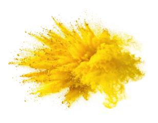 A vibrant, yellow explosion of powdery substance against a stark black background