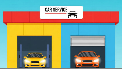 Vibrant modern car service station featuring vehicles undergoing repair and maintenance in colorful bays