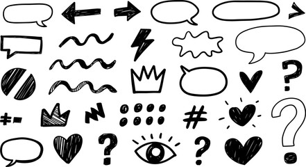 Hand drawn black doodles of speech bubbles arrows hearts question marks lightning bolt eye and crowns