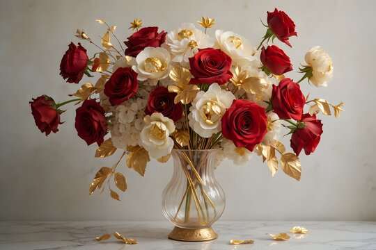Elegant floral arrangement with red and white roses in a clear glass vase with gold accents