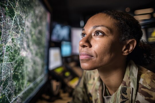 Woman analyzing data on a large computer screen