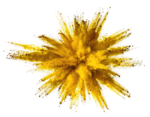 Aerial view of a burst of golden powder, radiating outwards from the center