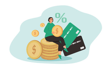 A flat style vector illustration on the topic of income and investments. A woman sitting on a stack of coins