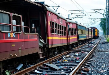 Obraz premium Train derailed, carriages off the rails, debris scattered, twisted, safety