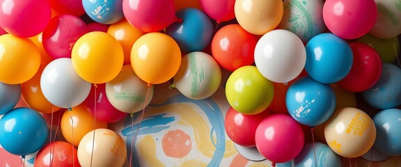 Vibrant painted balloons forming an abstract backdrop, abstract art, whimsical