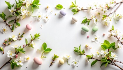 Spring Easter background with cherry blossoms and pastel eggs on white. Top view, flat lay, copy space. Holiday greeting card, banner, or social media post.