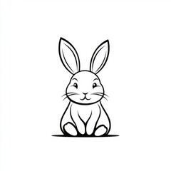 Obraz premium Minimalist Line Art of a Cute Cartoon Rabbit Sitting Upright with Expressive Eyes and Long Ears on White Background