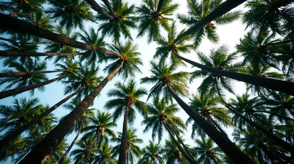 Breathe in the tropics with this lush canopy of palm trees reaching for the clear blue sky, perfect for travel ads, summer promotions, or vacation vibes