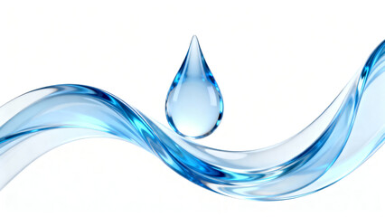 Stunning 3D render features a perfect, crystal clear water droplet suspended above a dynamic blue liquid wave against a bright white background ideal for purity concepts