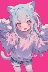 Cartoon little girl big cat paw gloves, Anime-style