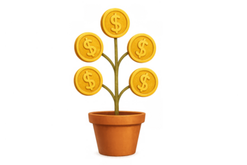Money tree growing dollar coins visualizing financial investment, wealth growth, profit and successful savings on transparent background