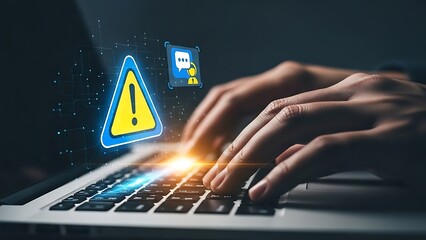 Navigating online dangers and digital scams with a user receiving a critical security alert while typing on a computer