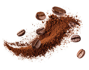 Floating Coffee Beans and Powder Particles in Dynamic Composition, Minimalist Style, Isolated PNG