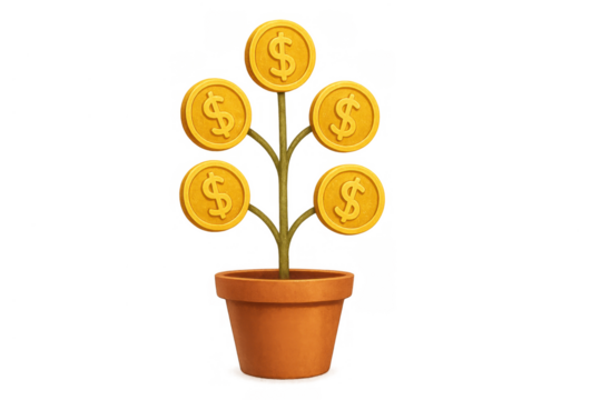 Money tree growing dollar coins visualizing financial investment, wealth growth, profit and successful savings on transparent background - Powered by Adobe