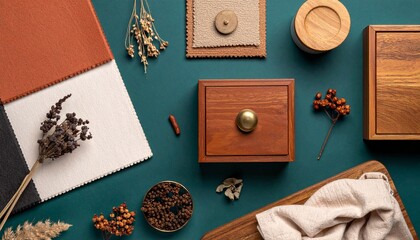 Fototapeta premium Flat lay of interior design materials, fabric swatches, wood elements, and dried plants on a dark teal background, perfect for home decor concepts.