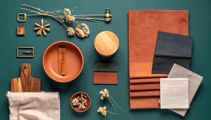 Flat lay of interior design mood board with fabric swatches, natural materials, and decorative elements on a green background
