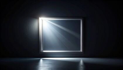 Empty picture frame with bright light rays on a dark, textured wall and floor background, creating a dramatic and mysterious atmosphere for product display or abstract concepts.