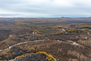 Aerial view of the autumn forest and river in the Shibawan scenic area of ​​Mohe, Greater Khingan Mountains.