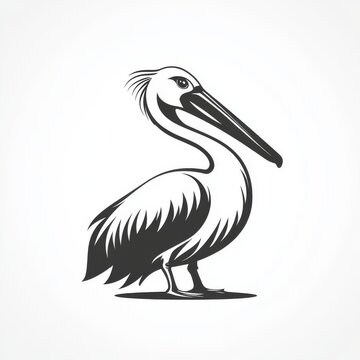 Elegant Monochrome Pelican Illustration Against White Background, Detailed Feather Rendering and Sleek Design, Perfect for Graphic Elements and Nature-Themed Projects