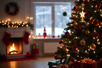 A festively decorated Christmas tree creates a warm and cozy atmosphere next to a blazing fireplace.