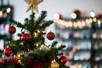 A festively decorated Christmas tree creates a warm and cozy atmosphere next to a blazing fireplace.
