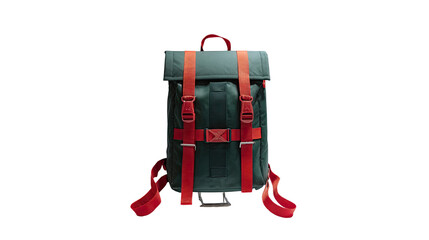 Naklejka premium Sleek green backpack with bold red straps modern outdoor travel gear stylish student and adventure carry bag isolated on white background 