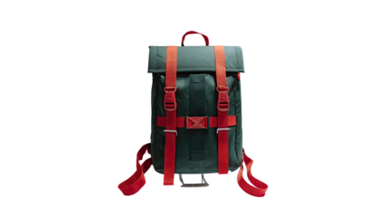Sleek green backpack with bold red straps modern outdoor travel gear stylish student and adventure carry bag isolated on white background
