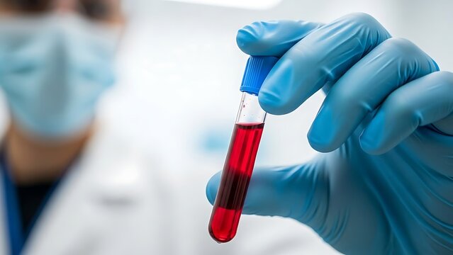 Examining a Blood Sample Medical Professional Holds a Vial of Blood for Analysis in a Lab Setting - Powered by Adobe