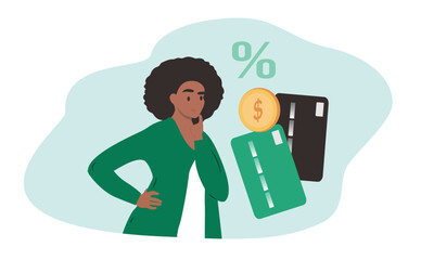 A flat style vector illustration of a woman considering whether to use a credit card.