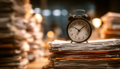 Vintage alarm clock resting on a stack of documents, indicating time management and deadlines, with soft focus background