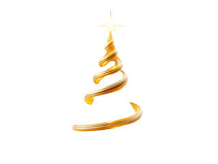 3D Abstract Golden Christmas Tree PNG - Elegant Swirl and Spiral Design with Shining Star on Isolated Background
