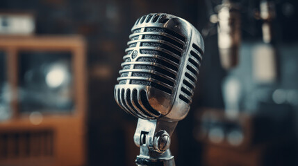 Vintage silver microphone with detailed metallic texture, classic design, retro style, close-animated movie shot, studio setting, reflective tablet device, industrial finish, curved grille, sturdy