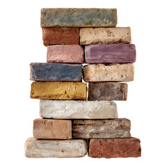 Stacked varied-colored bricks form a vertical wall