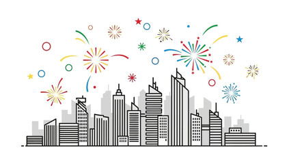 Festive city skyline with vibrant fireworks for celebratory events and urban celebrations, perfect for posters, banners, and holiday promotions