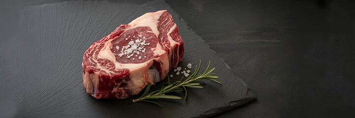 Fresh raw ribeye steak with salt rosemary