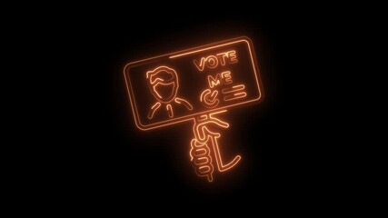 Neon sign animation hand holding vote me campaign poster on dark background