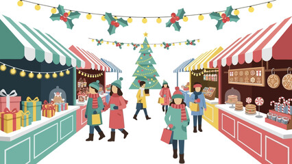 Experience the joy of a vibrant Christmas market with festive food, unique gifts and happy shoppers under twinkling lights, perfect for holiday promotions