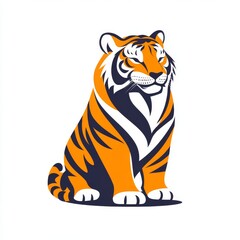 Obraz premium Stylized Portrait of a Sitting Tiger with Bold Stripes and Simplified Forms, Isolated on a Clean White Background