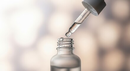 Clear liquid dispenses from a dropper onto the neck of a cosmetic serum bottle